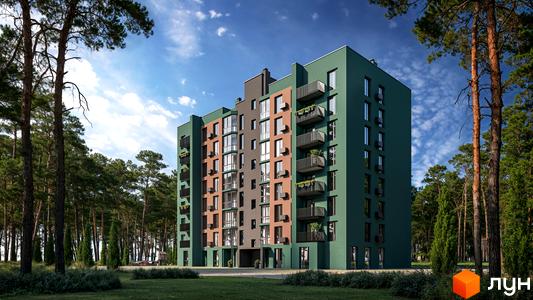 Житловий комплекс AURA з сучасним фасадом та балконами, оточений зеленими насадженнями та деревами.