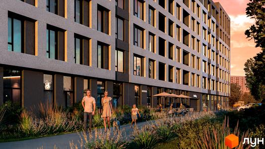 Житловий комплекс CONTINENT STREET з сучасним фасадом та прибудинковою територією, де гуляють люди та відпочивають на терасі.