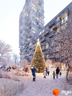 Новобудова ЖК The TENTH House взимку з ялинкою та оленями. Прибудинкова територія з людьми та деревами в снігу.