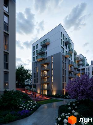 Житловий комплекс Avalon Yard з балконами та терасами, оточений зеленим ландшафтом з квітучими деревами та зонами відпочинку.