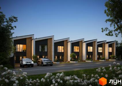 Ряд двоповерхових будинків з темними фасадами, дерев'яними вставками та похилими дахами. Перед ними дорога, газони та квітучі кущі.