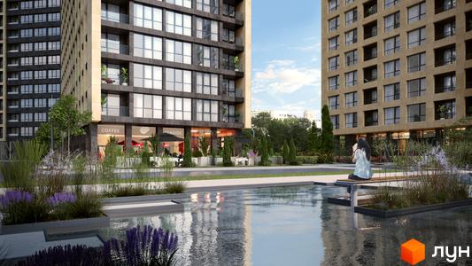 Житловий комплекс Greenville на Печерську: будівлі з великими вікнами та терасами, навколо яких розташовані зелені зони з водоймою та місцями для відпочинку.