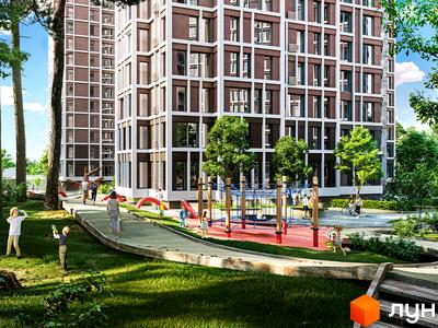 Житловий комплекс Echo Park 2 з дитячим майданчиком та зеленим двором. Сучасна архітектура будівель з великою кількістю вікон.