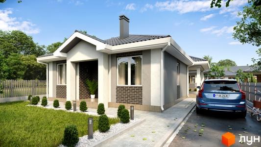 Котеджне містечко Щасливий Хуторок: одноповерховий будинок з сірими та білими фасадами, цегляним оздобленням та доглянутою прибудинковою територією з газоном та освітленням.