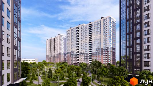 Високі будинки ЖК Star City з великими вікнами на тлі блакитного неба. Зелена прибудинкова територія з алеями та деревами.