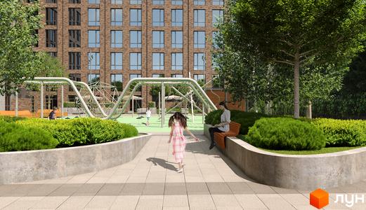 Житловий комплекс MANHATTAN: цегляна багатоповерхівка з великими вікнами та облаштований дитячий майданчик з зеленими зонами.