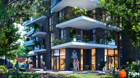 Багатоповерховий будинок Житлового комплексу Artynov Hall з темним фасадом, великими вікнами та балконами. Прибудинкова територія має зелені насадження та кав'ярню на першому поверсі.