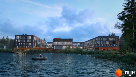 Житловий комплекс Luxberry lakes & forest з сучасними фасадами та великими вікнами, розташований біля озера та лісу, з човном на воді.