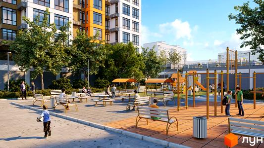 Житловий комплекс Городок: фасади будівель з панорамними вікнами та дитячий майданчик з зонами відпочинку.