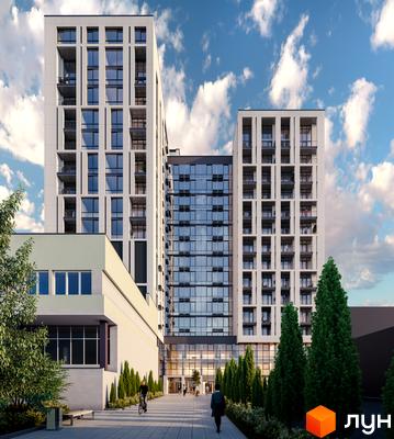 Апарт-комплекс WELL towers з білими фасадами та великою кількістю скління. Поруч доглянута прибудинкова територія з деревами та пішохідною доріжкою.