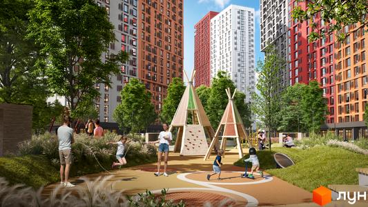 Житловий комплекс Svitlo Park: фасади будинків та дитячий майданчик з тіпі. Сучасний комплекс з місцями для відпочинку та ігор.