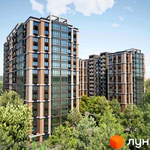 Фаворит Premium - житловий комплекс з високими будинками та великою кількістю скління, оточений зеленими деревами. Зовнішній вигляд будівель виконаний у світлих та темних тонах з коричневими вставками.