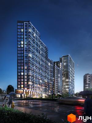 Житловий комплекс Nordica Residence з фасадом з вікон та балконів, розташований біля дороги з автомобілями та пішоходами під парасольками.