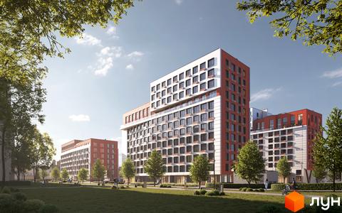 Багатоповерхові будинки HELGA з білими та теракотовими фасадами, оточені зеленим парком з доріжками.