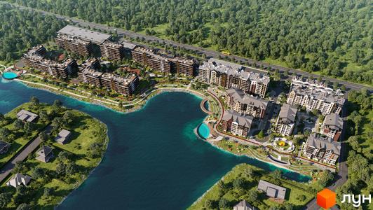 Житловий комплекс BASA city біля водойми. На території комплексу є басейни та зони відпочинку. Будинки мають сучасний дизайн з великими вікнами та терасами.