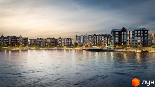 Житловий комплекс BASA city біля водойми. Багатоквартирні будинки з панорамними вікнами та терасами. На березі облаштована зона відпочинку.