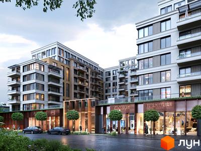 Зображення фасаду OLEGIV Boutique Residence. Багатоквартирний будинок з великими вікнами та балконами. На першому поверсі розташовані магазини.