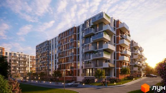 Житловий комплекс PERFECT LIFE з багатоповерховими будинками у світлих та коричневих тонах. Прибудинкова територія має доріжки, зелені насадження та освітлення.