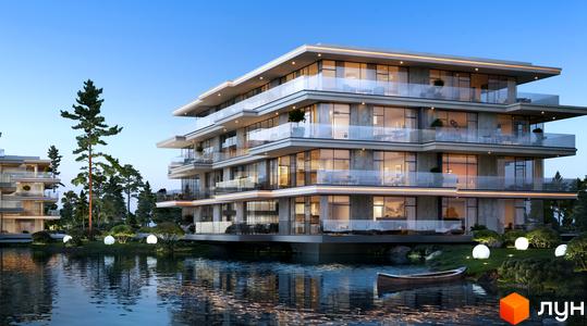 Житловий комплекс Park Lake City з терасами та панорамними вікнами на березі озера. Навколо будинку зелена зона з освітленням та деревами.