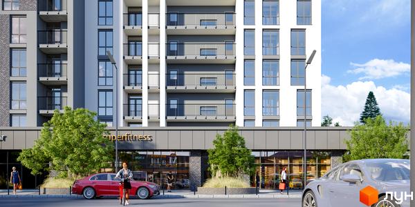 Зовнішній вигляд житлового комплексу Щасливий Grand з фасадами, балконами та вікнами, а також прибудинковою територією з деревами та автомобілями.