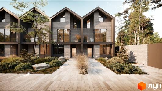 Таунхаус Forest Lane з сірим фасадом та великими вікнами, оточений зеленню та вимощеною доріжкою. Сучасний житловий комплекс для комфортного життя.