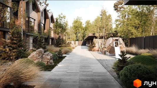 Таунхаус Forest Lane з кам'яним фасадом та великими вікнами, оточений зеленню та доріжкою з плитки. На території дитячий майданчик та зона відпочинку.