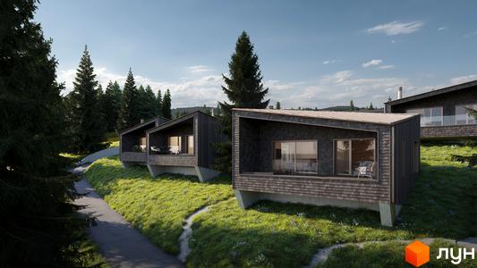 Будинки PÓTAY диво хутір мають темний фасад з дерев'яної черепиці та похилі дахи. Вони розташовані на зеленому схилі серед хвойних дерев, поруч звивиста доріжка.