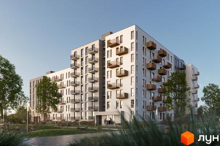 Зображення фасаду багатоповерхового будинку в Житловому комплексі Avalon Holiday з великими балконами та прибудинковою територією.