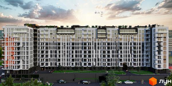 Фасад житлового комплексу SKYLINE з великою кількістю вікон та балконів, на прибудинковій території зелені насадження та зони відпочинку.