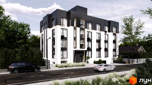 Зовнішній вигляд новобудови Coliving One з білими фасадами та чорними елементами. Навколо будівлі зелені насадження та дорога з автомобілем.