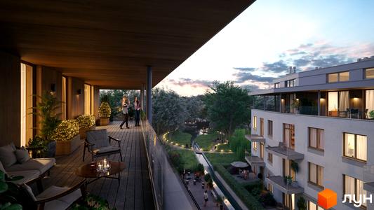 Житловий комплекс Eco City Park з просторим балконом та парковою зоною з освітленням.