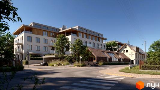 Зовнішній вигляд житлового комплексу Eco City Park з фасадом світлого кольору та дерев'яними елементами. Навколо комплексу зелені насадження та пішохідний перехід.