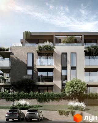 Зовнішній вигляд новобудови ЖК SHERWOOD з цегляним фасадом, балконами з скляними перилами та озелененням. Прибудинкова територія з деревами та двома автомобілями.