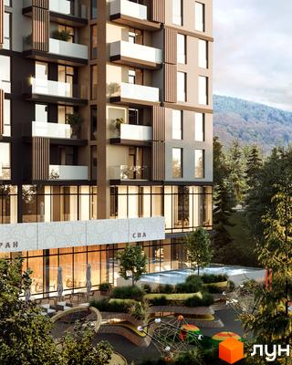 Житловий комплекс Logos Home Apartment з балконами та панорамними вікнами, поруч басейн та зелена зона відпочинку.