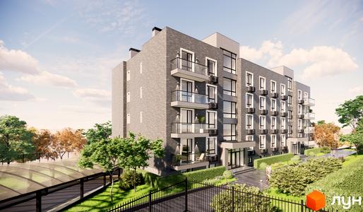 Зовнішній вигляд житлового комплексу Sovskyi Club House з сірої цегли, з балконами та великими вікнами, а також доглянута прибудинкова територія з деревами та паркуванням.