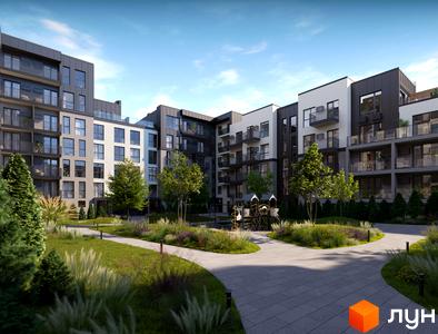 Житловий комплекс Grand Hills. Сучасна архітектура будівель з балконами та великими вікнами. Доглянута прибудинкова територія з зеленими насадженнями та дитячим майданчиком.