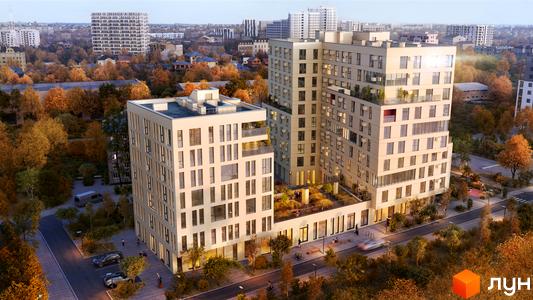 Зовнішній вигляд житлового комплексу GLOBUS BALANCE з сучасними фасадами та прибудинковою територією з деревами восени. Комплекс має багато вікон та балконів.
