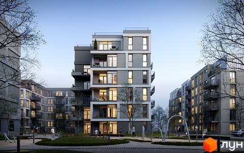 Житловий комплекс Avalon Magnolia: сірі багатоповерхові будинки з балконами та великими вікнами, оточені зеленим двором з деревами та зонами відпочинку.