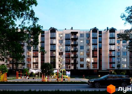 Новобудова ЖК Європейські Липки з фасадом з білих панелей та чорними вікнами. Територія комплексу облаштована дитячим майданчиком та місцями для відпочинку.