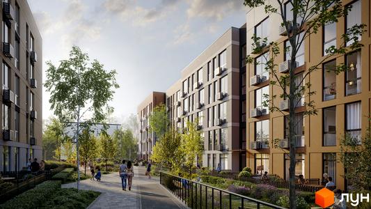 Житловий комплекс SOFI HOUSE з багатоповерховими будинками та доглянутою прибудинковою територією з деревами та місцями для відпочинку.