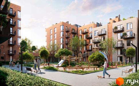 Зображення фасаду будинку в Житловому комплексі Prostir з дитячим майданчиком та пішохідними алеями.