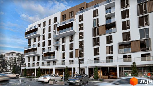 Зовнішній вигляд житлового комплексу CONTINENT MODERN з білими фасадами, скляними балконами та дерев'яними елементами. На прибудинковій території розташовані паркувальні місця та зелені насадження.