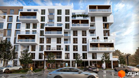 Фасад новобудови ЖК CONTINENT MODERN з балконами та панорамними вікнами, прибудинкова територія з деревами та міським життям.