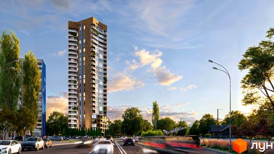 Житловий комплекс Grand Tower – висотна новобудова з панорамними вікнами та балконами, розташована вздовж дороги з деревами та вуличним освітленням.