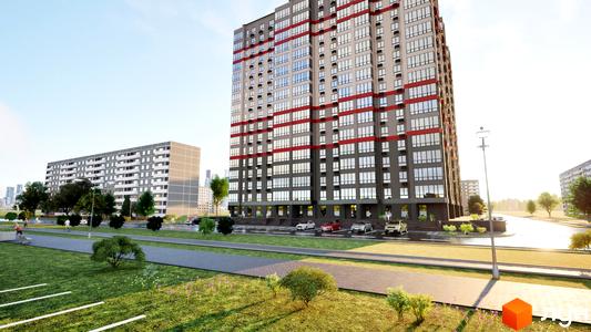Житловий комплекс Перлина Дніпра - це висотна будівля з сірими та червоними фасадами, що розташована біля зеленої зони з доріжками та деревами.
