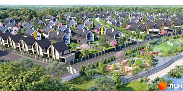 Котеджне містечко Ovillas: фасади будинків з темним дахом та світлими стінами, прибудинкова територія з зонами відпочинку та спортивним майданчиком.