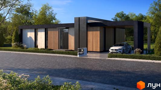 Котеджне містечко Equides Villas: одноповерховий будинок з дерев'яними та бетонними елементами фасаду, навісом для автомобіля та доглянутою прибудинковою територією.
