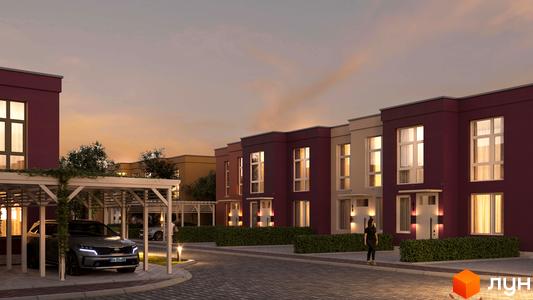 Зображення житлового комплексу Cuvee Village: ряд будинків з бордовими фасадами, великими вікнами та доглянутою прибудинковою територією з зеленими насадженнями та місцями для паркування.