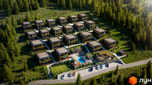 Monhaus: Котеджне містечко з багатоповерховими будинками, що мають темні фасади та світлі дахи, розташоване серед лісу. На території є басейн, спортивний майданчик та паркінг.