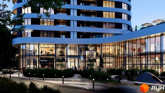 Зображення фасаду ЖК Липські вежі з панорамними вікнами та прилеглою територією з зеленими насадженнями та зоною відпочинку.